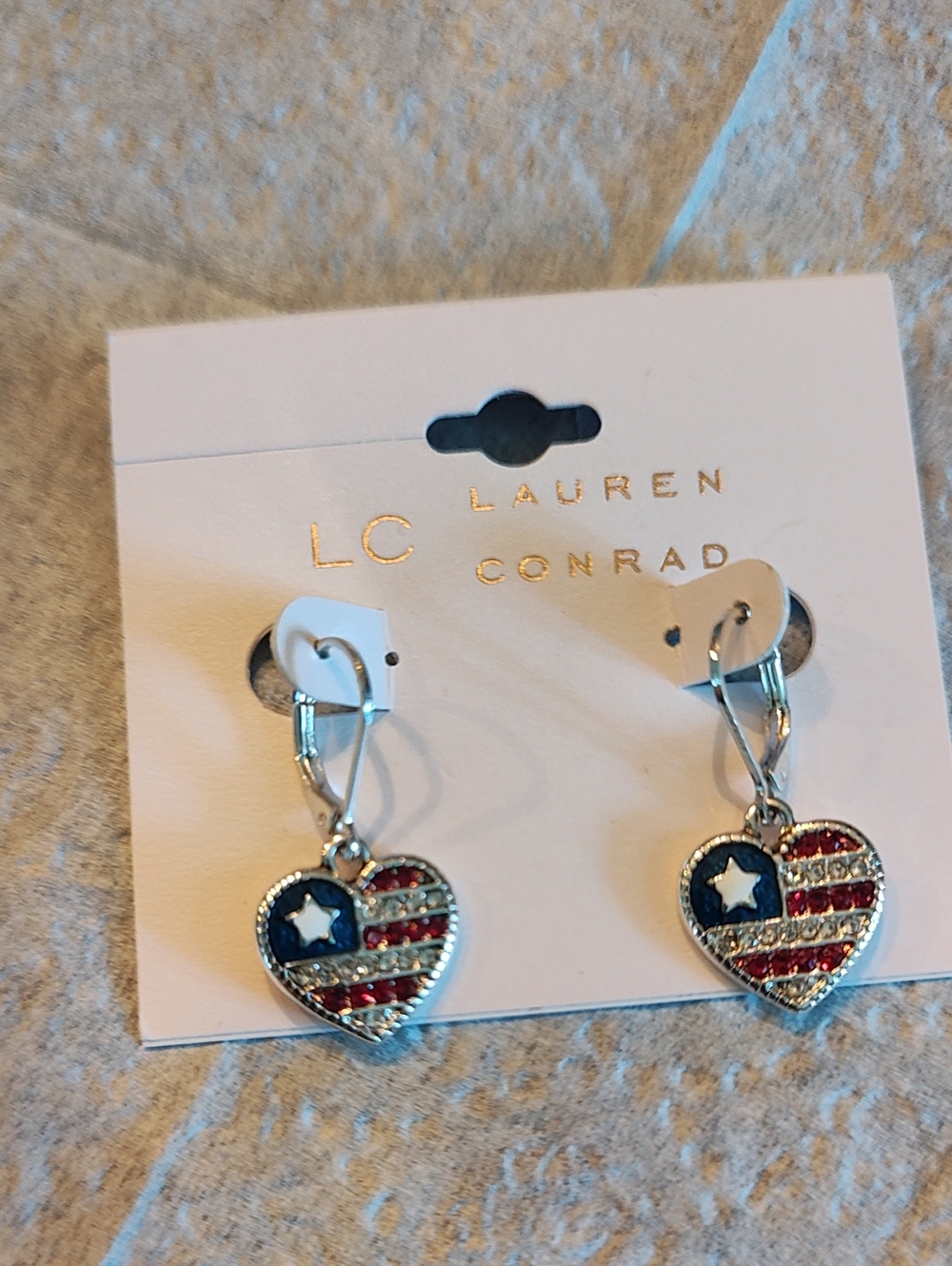 LC Lauren Conrad Red White Blue Heart Flag Dangle Earrings